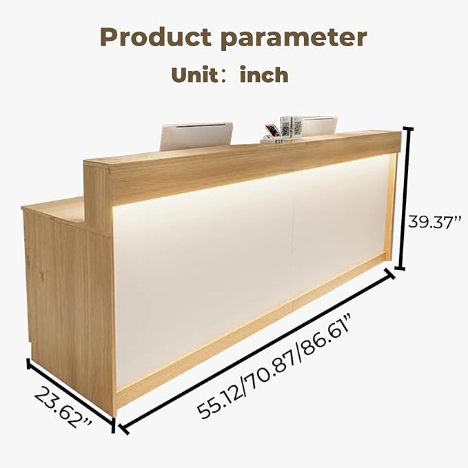 Modern Reception Desk Front Desk with LED Strip Lighting, Lockable Drawers, and Versatile Storage for Office, Checkout (Wood Color/Regular Type, 55.12" L*23.62" W*39.37" H)