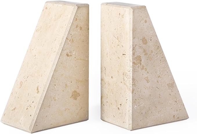 Marble Bookends for Heavy Books, Decorative Book Ends for Shelves, Beige Stone Durable and Heavy-Duty Book Ends for Hardback Books & CDS, Unique Book Stopper & Holder, Set of 2