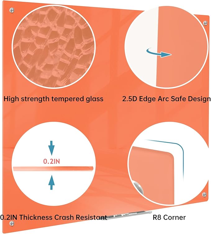 Magnetic Glass Dry Erase Board - White Board 48 x 36 Inch Wall Mounted Glass Whiteboard, Large Frameless Glass White Board for Wall Office, Home & School, Orange