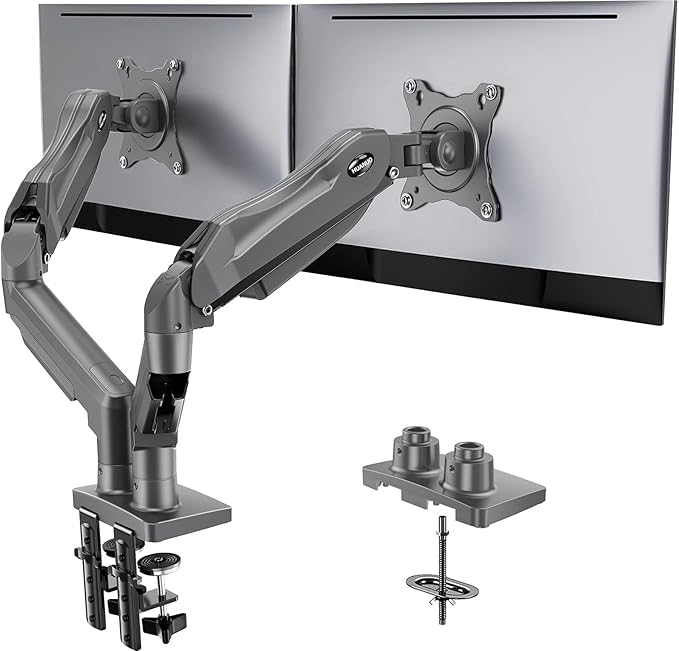HUANUO Dual Monitor Stand, Fully Adjustable Monitor Desk Mount for 13–32″ Computer Screens, Full Motion VESA 75x75/100x100 with C-Clamp & Grommet Base, Each Arm Holds 4.4 to 19.8 lbs -Grey