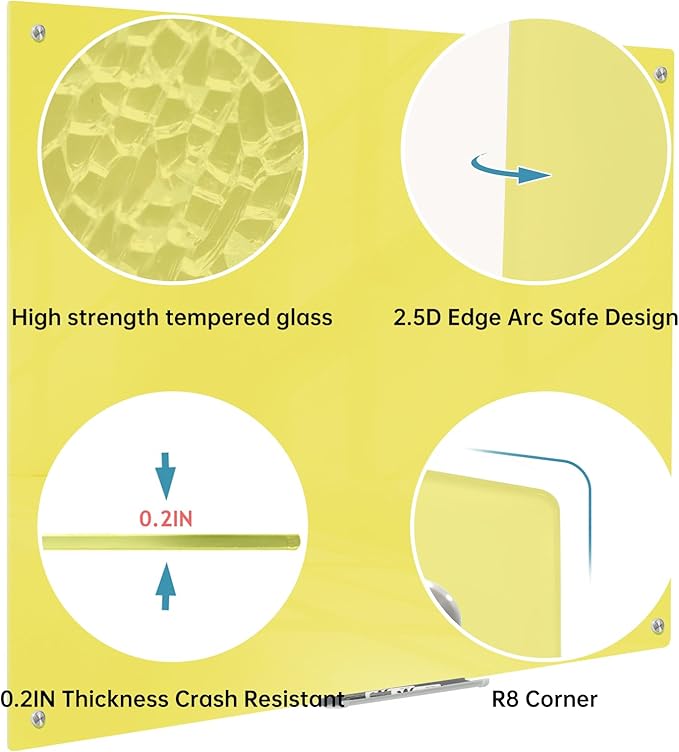 Magnetic Glass Dry Erase Board - White Board 48 x 36 Inch Wall Mounted Glass Whiteboard, Large Frameless Glass White Board for Wall Office, Home & School, Yellow