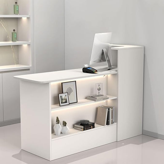 Modern Reception Desk with LED Lights - 47" Front Desk Reception Counter with Dual Display Shelves & Hidden Cable Management, Lockable Drawer & Storage Cabinet for Office, Salon, Spa, Retail, Left