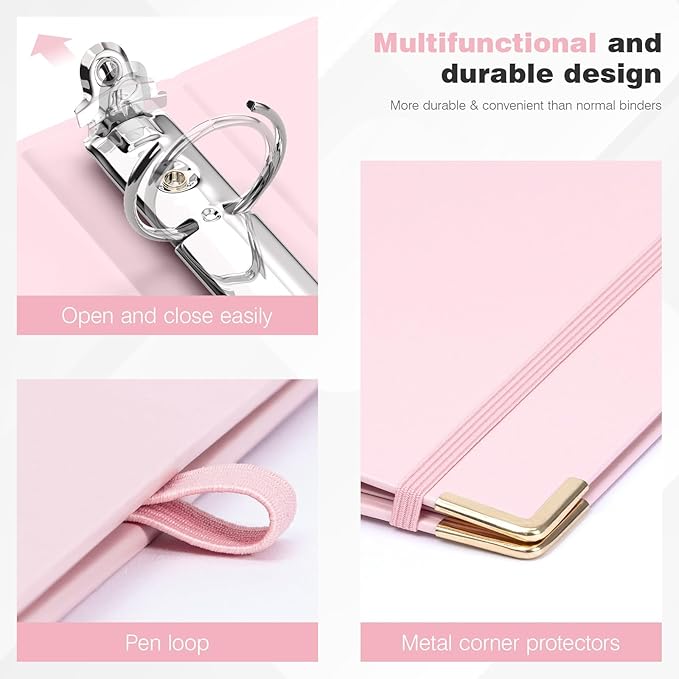 Ospelelf Binder 3 Ring 1 Inch, Solid Pink Round Ring Clipboard Binder for Letter Size Paper with 5 Tab Dividers, for School and Office Supplies