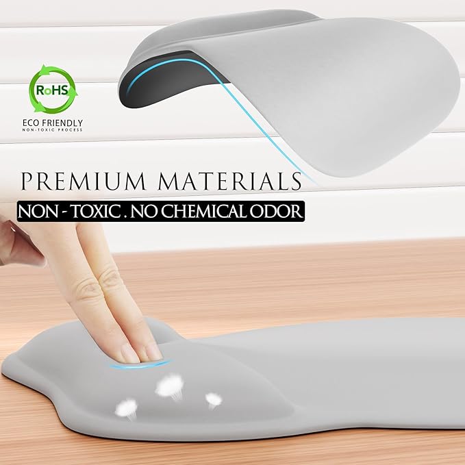 MROCO Ergonomic Mouse Pad with Gel Wrist Rest, Comfortable Mousepad with Smooth Wrist Support Surface and Non-Slip PU Base for Pain Relief, Computer, Laptop, Office & Home, 9.4 x 8.1 in, Silver Grey