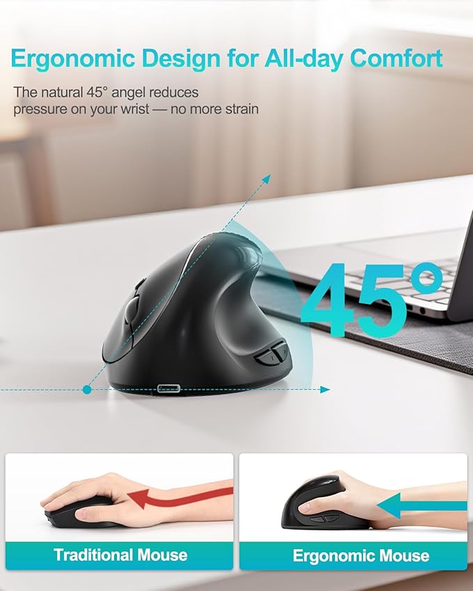 Lekvey Ergonomic Mouse, Vertical Wireless Mouse for Small/Medium Hands, Rechargeable with USB Receiver, 3 DPI for Comfort, Relieves Wrist Pain, Carpal Tunnel Mouse for Laptop, PC, Computer, Mac, Black
