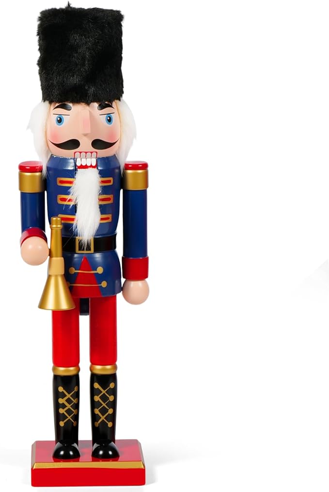 Nutcracker Christmas Decor, 14" Wooden Nutcracker Soldier Christmas Decoration Home Mantle Table Fireplace Christmas Ornaments for Festival Party(14" Black Fur Hat Horn Nutcracker)