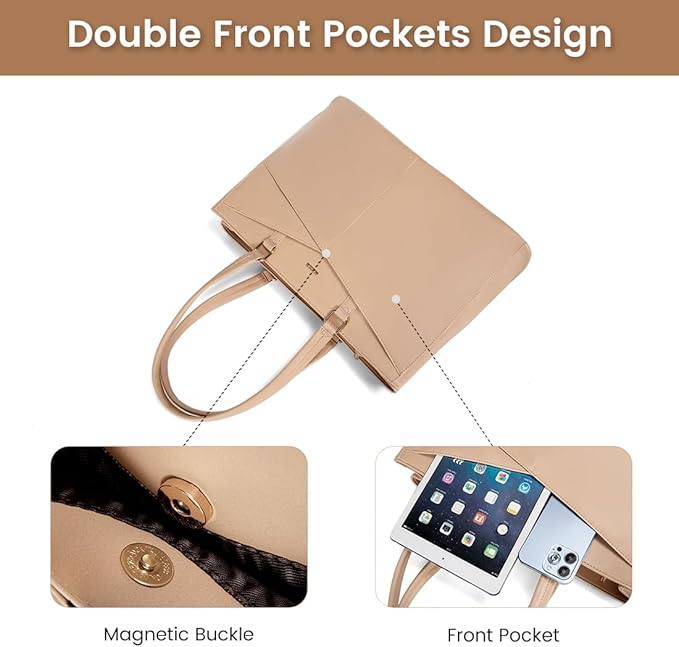 LOVEVOOK Laptop Bag for Women 15.6 Inch Tote Bags Waterproof Leather Briefcase Computer Women Business Office Work Bag,Light Khaki