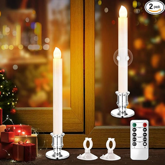 YAUNGEL Window Candles, 2 Pack LED Battery Operated Christmas Candles for Windows with Remote Timer Electric Candle Lights with Removable Candle Holders Suction Cups for Christmas Decorations, Silver