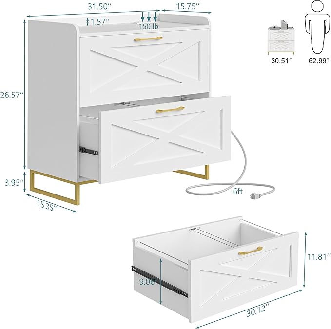 Lateral File Cabinet 2 Drawer File Cabinet with Charging Station for Legal/Letter/A4 Size Hanging Files, Modern Farmhouse Large Wood File Storage Cabinet for Home Office Furniture(White and Gold)