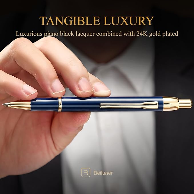 BEILUNER Luxury Gel Pen with 24K Gold Electroplating Finish, Blue Piano Lacquer, Luxury Grade Craftsmanship, Best Gel Pen Gift Set for Men and Women