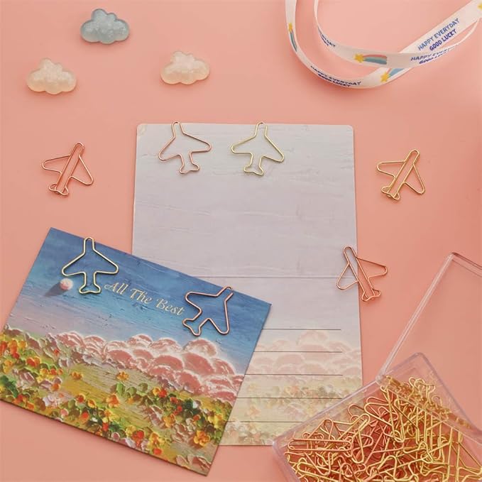 OWLFAVO 40pcs Airplane Shape Paper Clips with Clear Box, Rose Gold and Yellow Gold, Funny Cute Paperclips Bookmarks Planner Clips for Fun Office Supplies School Gifts Wedding Decoration