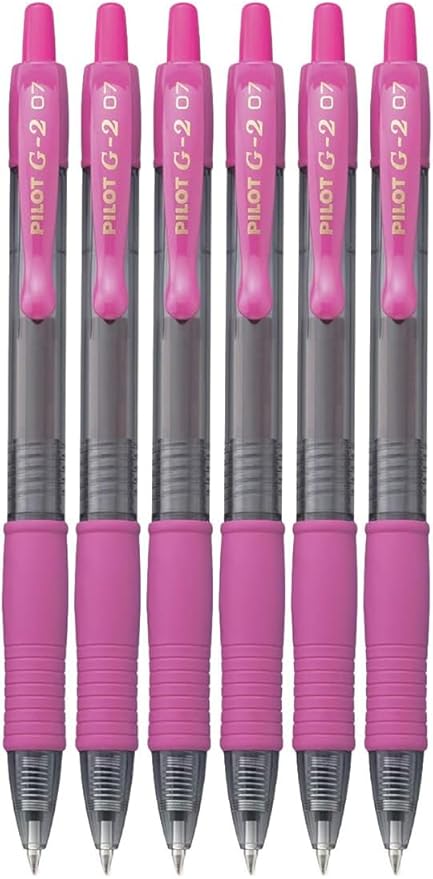G2 Retractable Premium Gel Ink Roller Ball Pens Fine Point Fine Point (.7mm) Pink Ink 6-pk; Refillable & Premium Comfort Grip Bundle with Plastic Reusable Pouch