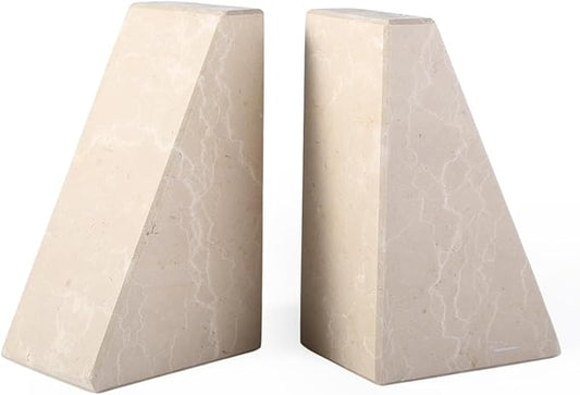 Marble Bookends for Heavy Books, Decorative Book Ends for Shelves, Durable and Heavy-Duty Stone Bookends for Hardback Book & CDS, Unique Book Stopper & Holder, New Jura Beige-Vein, Set of 2