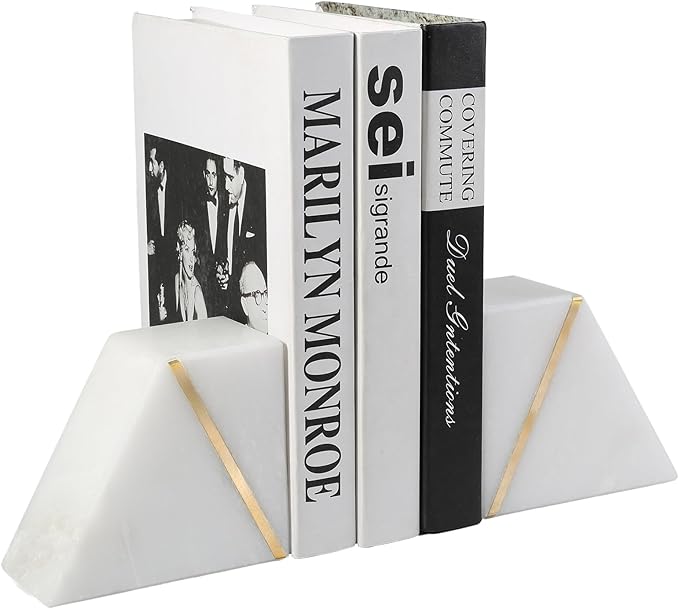 Natural Marble Bookends for Shelves, Decorative Book Ends for Heavy Books, Heavy Duty Mid Century Modern White and Gold Stone Book Holders with Brass Inlay, Unique Bookshelf Stopper Decor, Set of 2