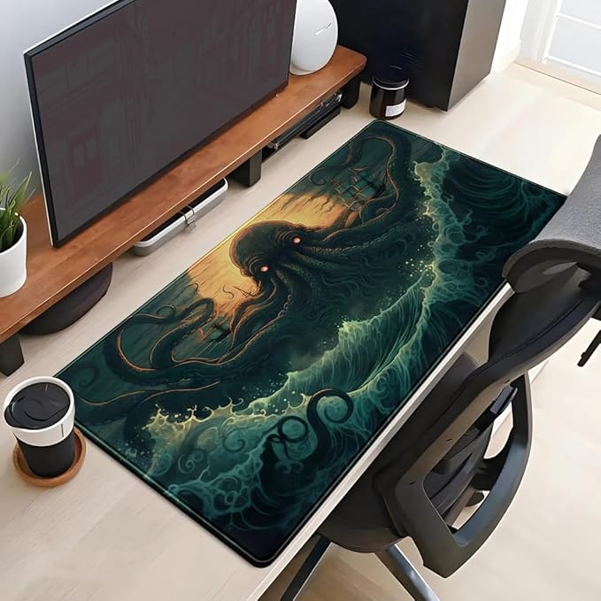 Octopus Anime Desk Pad Ocean Large Mouse Pad Gaming, Extended Kanagawa Desk Mat Pad XL Mousepad 31.5" X 15.7 ", with Anti-Slip Desk Keyboard Stitched Edges Long Computer Keyboard Mat
