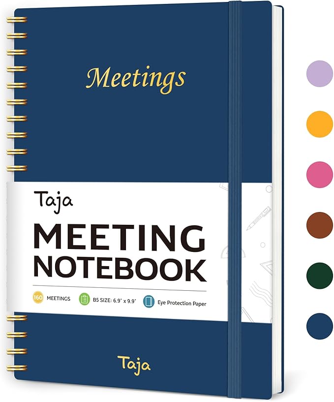 Meeting Notebook for Work Organization - Work Planner Notebook with Action Items, Agenda Planner for Note Taking, 160 Pages (6.9" X 9.9") Project Organizer for Men & Women - Navy Blue