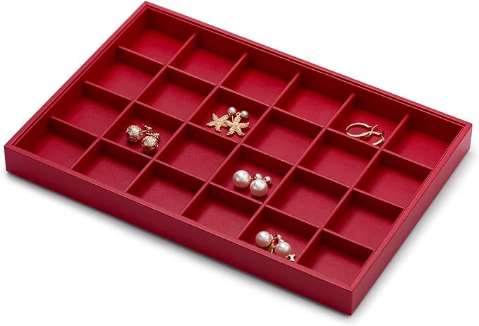 Oirlv Gorgeous Red Leather 24 Gird Jewelry Tray Stackable Jewelry Drawer Organizer Rings Earrings Organizer Storage