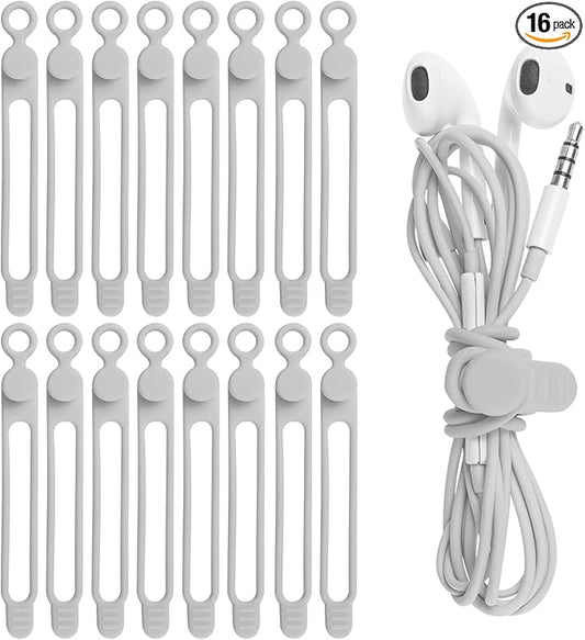 Nearockle 16Pcs Silicone Cable Straps Wire Organizer for Bundling Earphone, Phone Charger, Computer Cords, Reusable Cable Ties Cord Organizer in Home,Office,Kitchen,School(Grey)