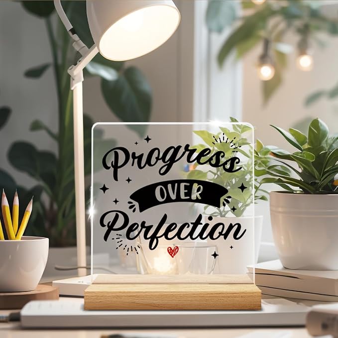Motivational Office Desk Sign, Positive Office Decor, Inspirational Progress Over Perfection Sign for Office Decor, with Wooden Stand Gift
