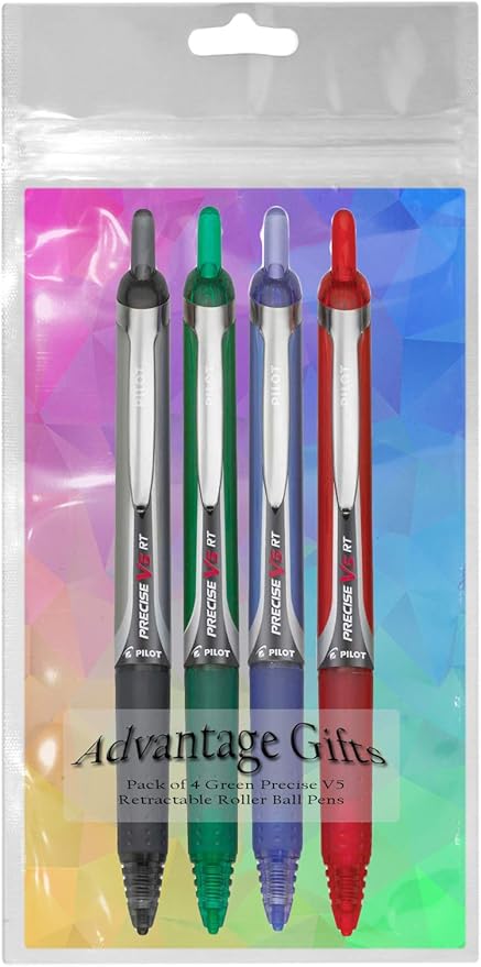 Precise V5 RT Retractable Rolling Ball Pens, Extra Fine Point (.5mm), Assorted Colors Black/Blue/Red/Green Ink, 4-pk; Premium Comfort Grip, Bundle with Plastic Reusable Pouch