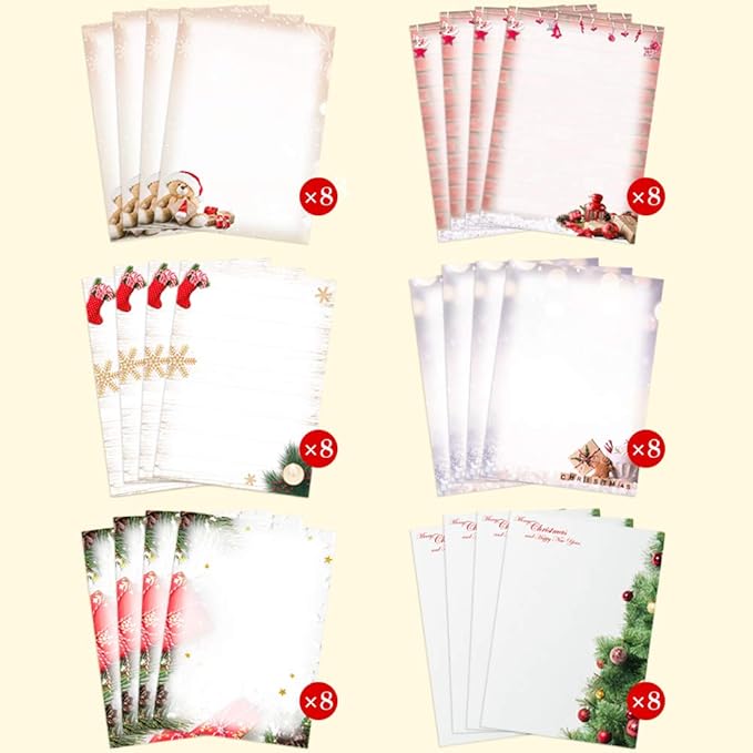Christmas Stationary Set 6 Designs Stationary Paper and Envelopes Set, 48 Sheets Writing Stationery Paper + 24 Pieces Sealed Envelopes