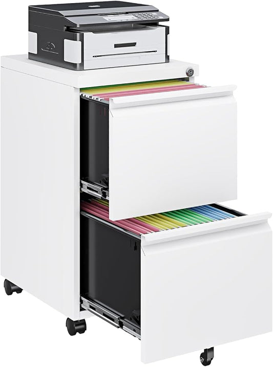 Mobile File Cabinet with Lock Steel Small Rolling 2 Drawer File Cabinet Legal/Letter/A4 Size Under Desk Metal Filing Cabinet for Home Office Vertical Filing Cabinet Printer Stand Assembly Required