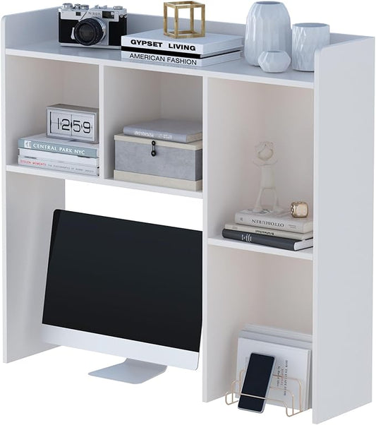Wooden Desktop Hutch Bookshelf - Free Standing Desk Storage Shelf with Top Edge for Computer Desk, Desktop Bookcase for Dorm, Home or Office, Countertop Organizer, White, 37.4"