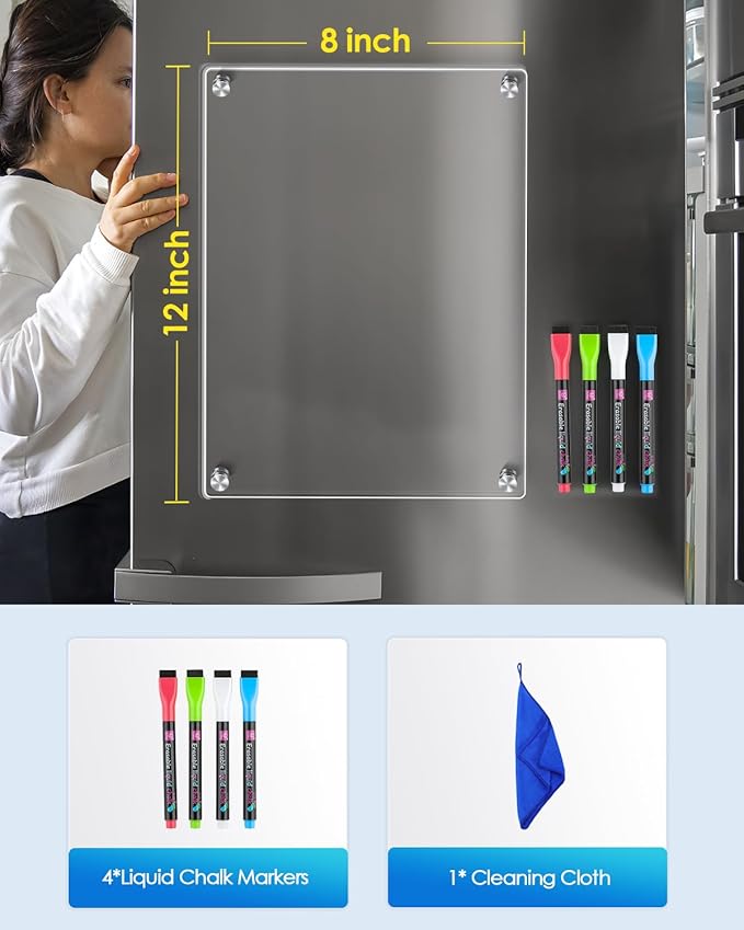 MaxGear Small Magnetic Dry Erase Board for Refrigerator, 12"X 8" Acrylic Magnetic Whiteboard for Fridge Clear White Board Kitchen Menu Board Memo Note Planner, Includes 4 Markers, 1 Cloth