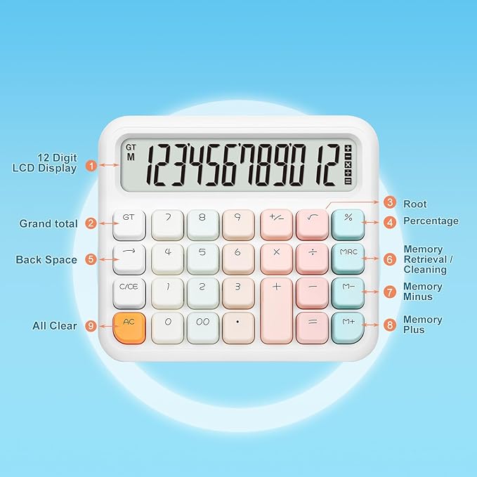 Pendancy Calculators Desktop 12 Digit, Gradient Pink Cute Basic Calculator with Extra Large LCD Display and Buttons, for Office, School, Home Use