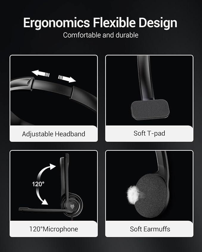 NUBWO HW02 USB Headset with Microphone Noise Cancelling &in-line Control, Ultra Comfort Computer Headset for Laptop pc, On-Ear Wired Office Call Center Headphone for Boom Skype Webinars（Black）