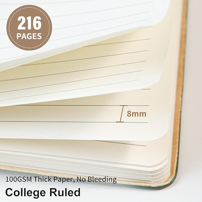Lined Journal Notebook for Work College Ruled Note Book 5.79"x8.27" A5 PU Leather Daily Journaling 216 Pages for Women Men Writing Home School Supplies Business (Khaki)