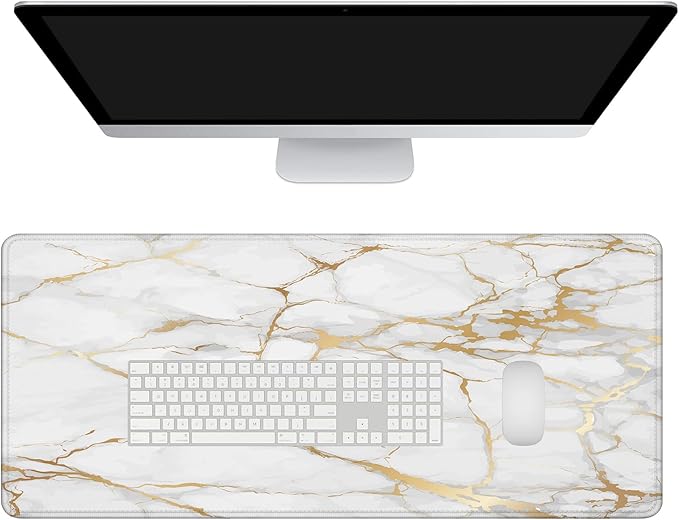 Mrcrypos Large Mouse Pad White Gold Marble Desk Mat for Desktop,Waterproof Desk Pad with Stitched Edges,Computer Keyboard Gaming Mouse Pads for Women Office Home 31.5" x 11.8"