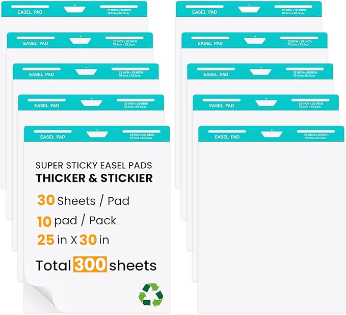 OLenyer Super Sticky Easel Pad, 25x 30IN, Large Self Stick Flip Chart Paper for Office School Classroom Supplies, 30 Sheets/Pad, 10 Pads/Pack, White