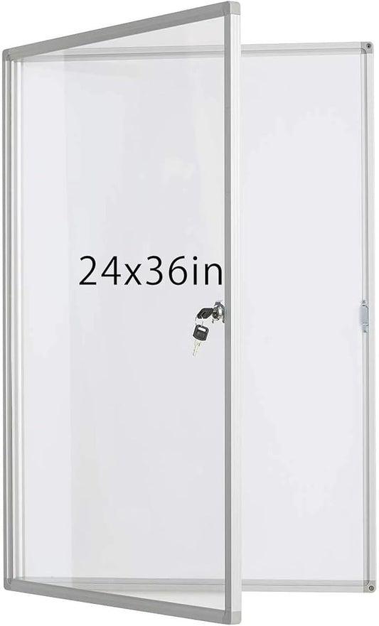 Lockable White Enclosed Bulletin Board - Dry Erase Noticeboard with Aluminium Frame, 36x24 inch(Whiteboard)