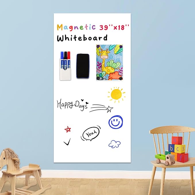 Magnetic Whiteboard Contact Paper 39" x 18”, YOUNGJQ Adhesive Magnetic Dry Erase White Board Sticker for Wall, Peel and Stick Wallpaper, Easy to Write and Clean for Kids Playroom Office