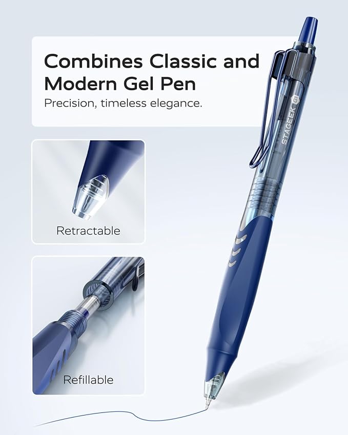 12 Pack Blue Gel Pens, Quick Dry Blue Ink Pen, 0.5mm Fine Point Retractable Smooth Writing Pens for Journaling, Writing, Business Gel Pen for Office School & Home Supplies(Blue)