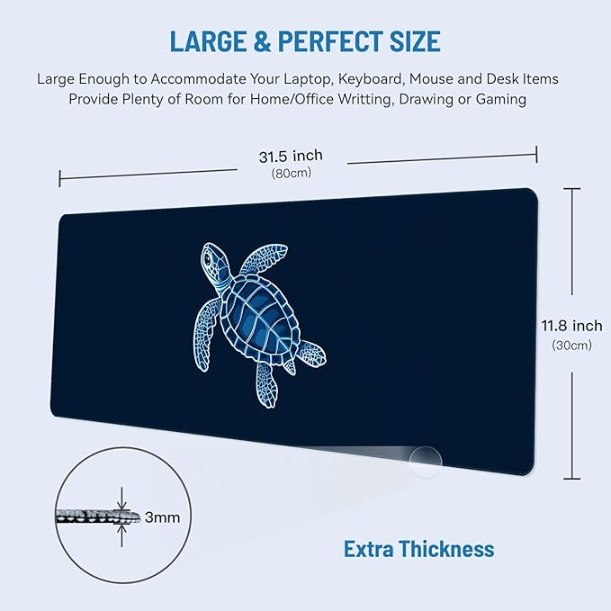 Mousepad Desk Mat Gaming Large Keyboard Cute Office Desktop Computer Laptop XXL Long Big Kawaii Aesthetic Girly Pretty Design Women Girl Gamer Oversized Wide 30x12'' Mousepad, Blue Turtle