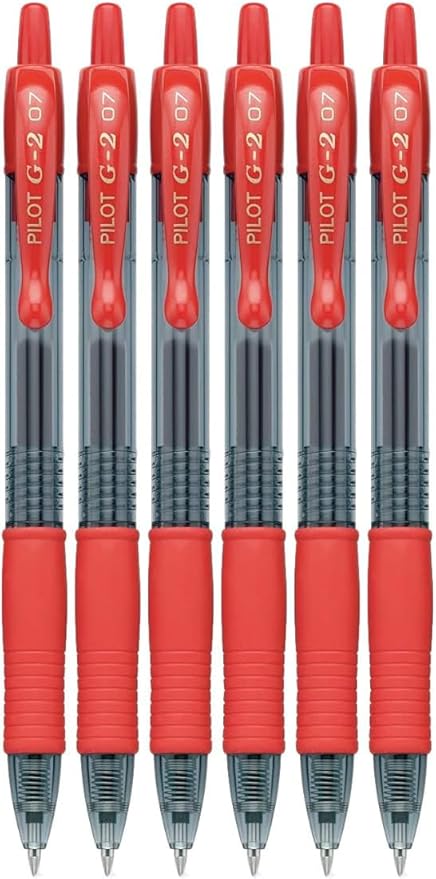 G2 Retractable Premium Gel Ink Roller Ball Pens Fine Point Fine Point (.7mm) Red Ink 6-pk; Refillable & Premium Comfort Grip Bundle with Plastic Reusable Pouch
