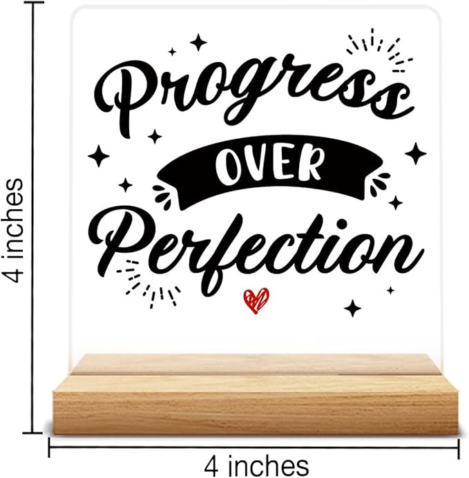 Motivational Office Desk Sign, Positive Office Decor, Inspirational Progress Over Perfection Sign for Office Decor, with Wooden Stand Gift