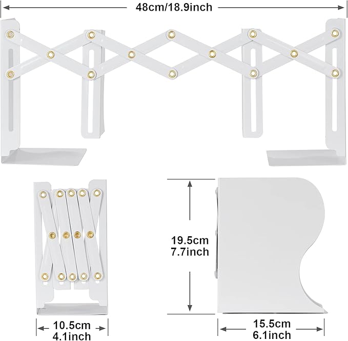Olebes Adjustable Book Ends, Metal Iron Non Skid Boo kends, Expandable Bookcase Bookend Stand Holder Book Storage Rack, Heavy Bookends for Office Desk, Shelf, Stationery (White)