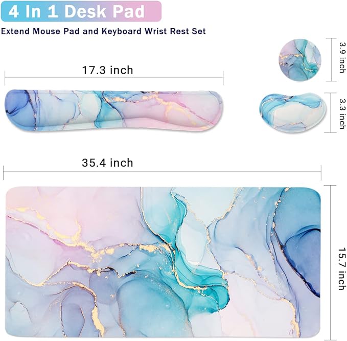 Large Mouse Pad Desk Dad, 4-in-1 Keyboard Wrist Rest Pad & Wrist Support Mouse pad Set, Extended Desk Pad Waterproof Desk Mat for Home Office Study Game-Blue Marble
