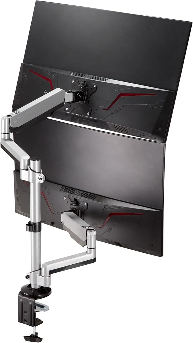 AVLT Dual 17"-32" Stacked Monitor Arm Desk Mount for 2 Flat or Curved Screens, Full Motion Height Adjustable with Swivel, Tilt, Rotation, Extra Tall, VESA, C-Clamp or Grommet Base