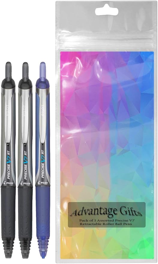 Pilot Precise V7 RT Retractable Rolling Ball Pens, Fine Point (.7mm), Assorted Colors Black/Blue Ink, 3-pk; Premium Comfort Grip, Bundle with Plastic Reusable Pouch