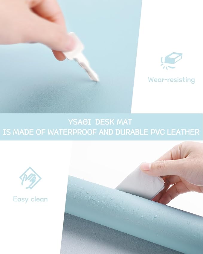YSAGi Non-Slip Leather Desk Pad, Waterproof Laptop Computer Desk Keyboard Mat, Table Protector Blotter Mat, Large Mouse Pad for Office/Work/Home/Decor(Sky Blue, 23.6" x 13.7")
