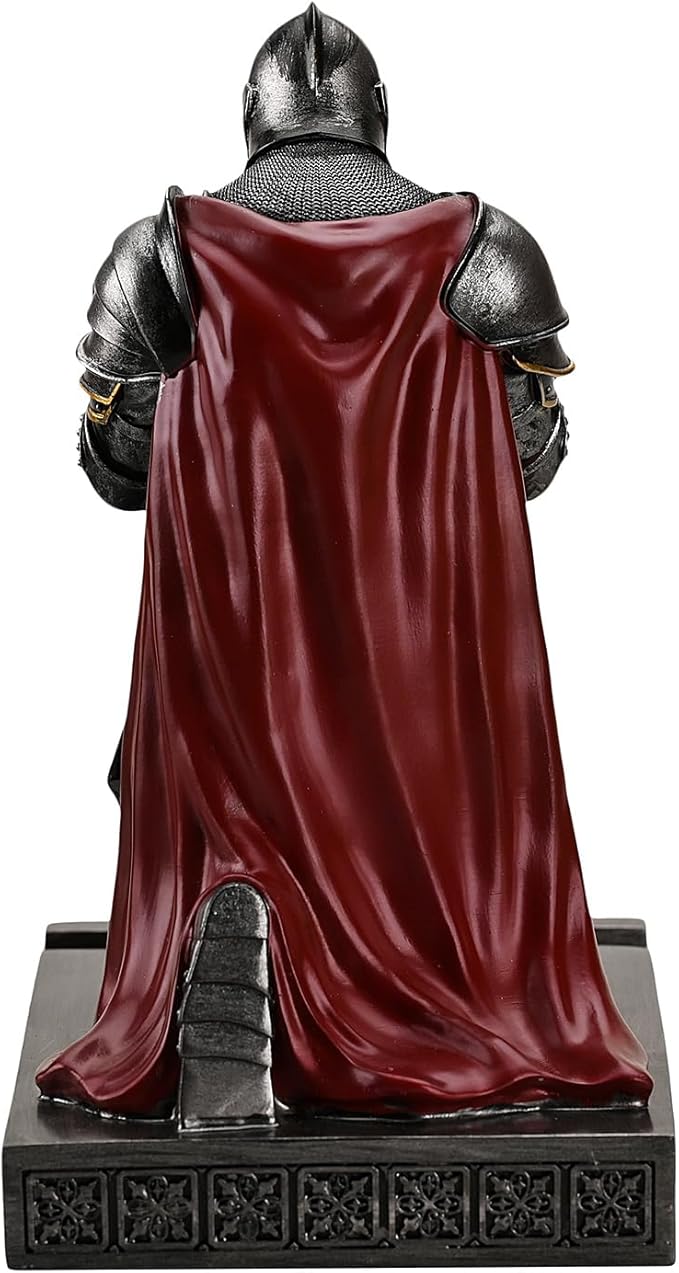 Medieval Armored Warrior Wearing Outerwear, Mobile Phone Stand Knight Pen Holder Desk Organizers, Resin Bookends Paperweight with a Letter Opener for Desk (Iron)