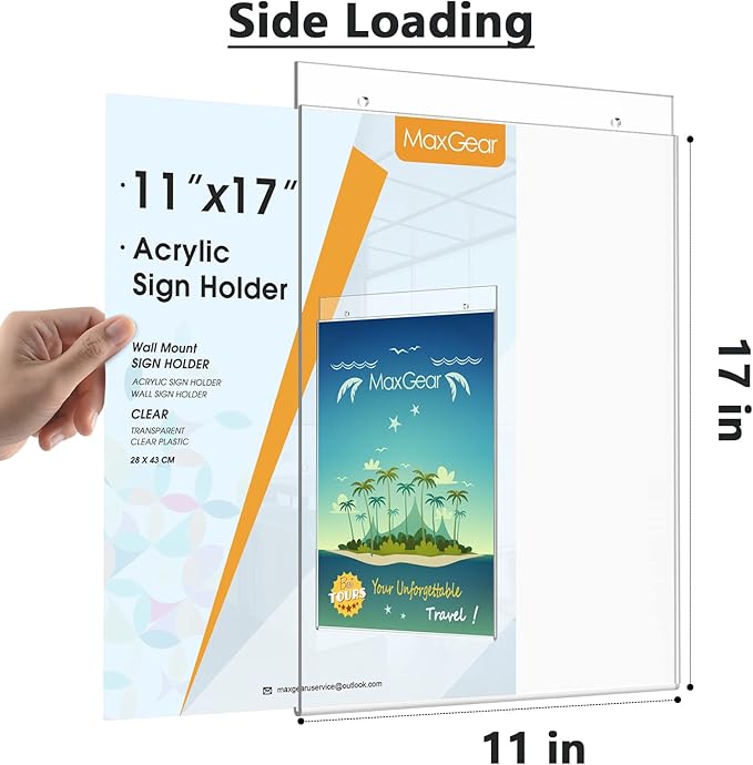 MaxGear Acrylic Sign Holder 11 x 17 inches Wall Mount Sign Holder with Screws Clear Plastic Wall Acrylic Frame for Office, Home, Store, Restaurant, Letter Size: 11 x 17 in, Acrylic, Vertical, 6 Pack