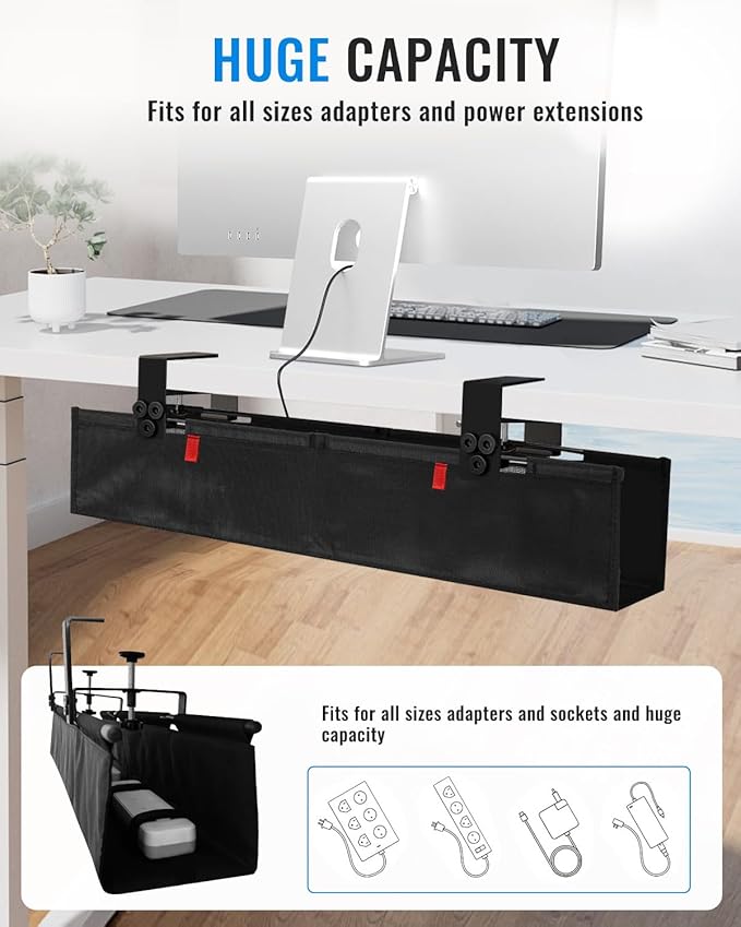 No Drill Cable Management Under Desk, 36" Cord Organizer for Table, Clamp/Screw Mount Cable Tray, Premium Black Fabric Desk Cord Management Tray for Office, Home (Large (36 Inch))