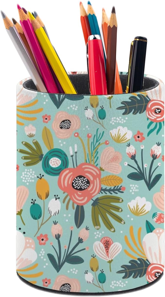 Mint Flowers Pen Holder Pencil Organizer Cute Pencil Cup Desk Decor Makeup Brush Holder PU Multifunctional Office Suppliesfor Home Classroom School