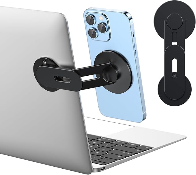 Magnetic Phone Holder for Laptop for MagSafe for iPhone 16/15/14/13/12 & All Phones, 180°Adjustable Phone Side Mount for Computer Monitor for Tesla, Desktop Cell Phone Bracket (Black)