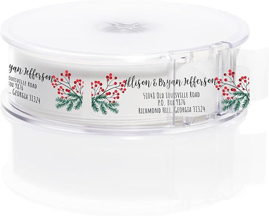 Clear Pine and Holly Rolled Address Labels / 500 Personalized Return Address Labels/Designer Address Stickers in Elegant Plastic Dispenser